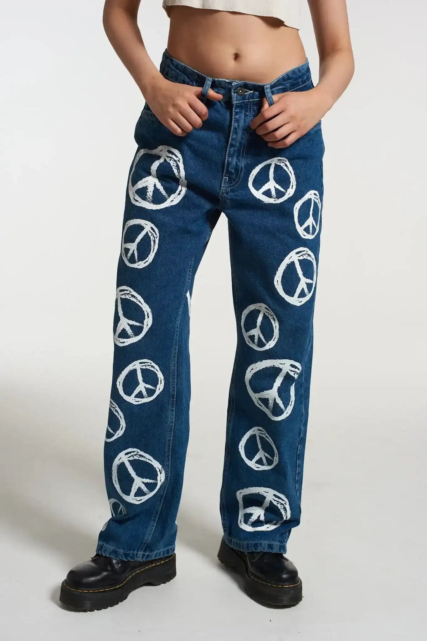 Shop The Ragged Priest The Ragged Priest Peace Printed Dad Jeans as seen on Chloe Sims Boyfriend Jeans for women – premium loungewear and festival fashion at Spoiled Brat