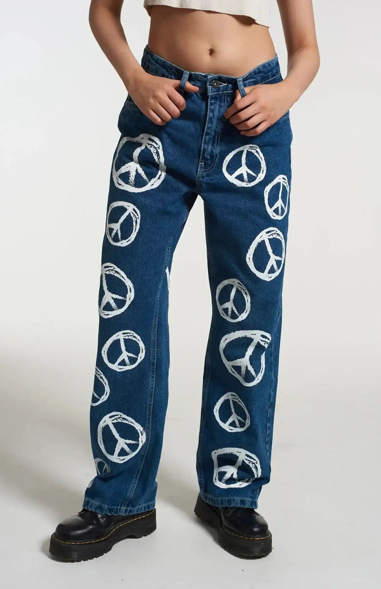 Shop The Ragged Priest The Ragged Priest Peace Printed Dad Jeans as seen on Chloe Sims Boyfriend Jeans for women – premium loungewear and festival fashion at Spoiled Brat