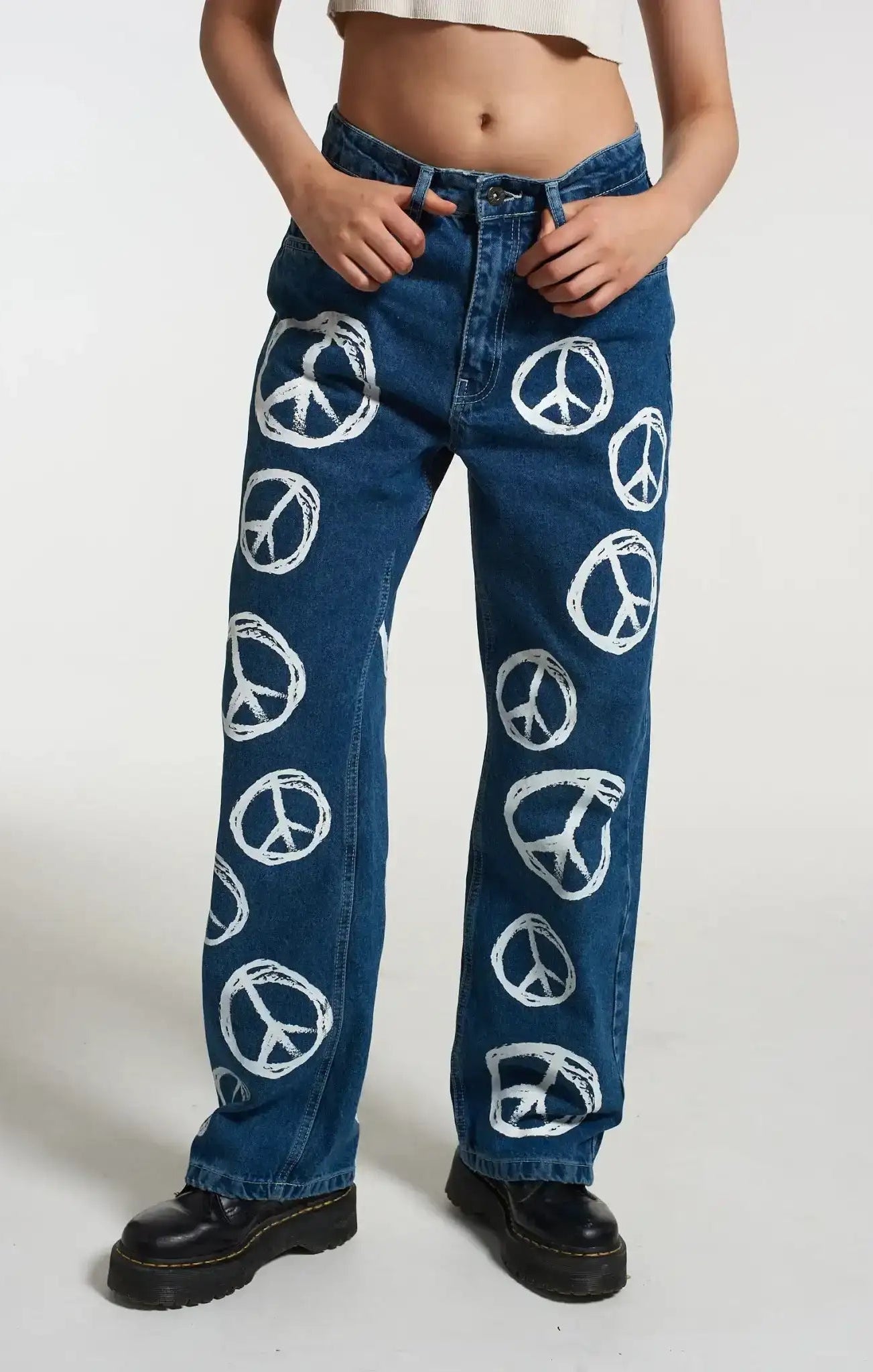 Shop The Ragged Priest The Ragged Priest Peace Printed Dad Jeans as seen on Chloe Sims Boyfriend Jeans for women – premium loungewear and festival fashion at Spoiled Brat