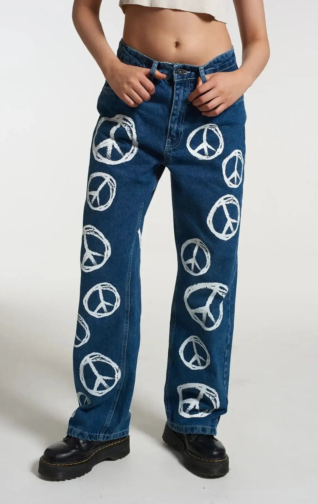 Shop The Ragged Priest The Ragged Priest Peace Printed Dad Jeans as seen on Chloe Sims Boyfriend Jeans for women – premium loungewear and festival fashion at Spoiled Brat