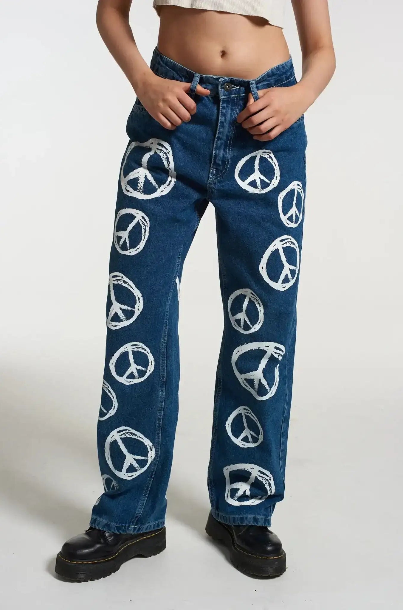 Shop The Ragged Priest The Ragged Priest Peace Printed Dad Jeans as seen on Chloe Sims Boyfriend Jeans for women – premium loungewear and festival fashion at Spoiled Brat