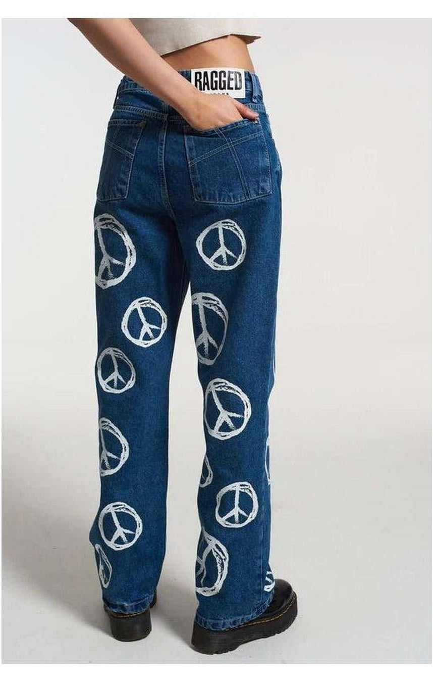 Shop The Ragged Priest The Ragged Priest Peace Printed Dad Jeans as seen on Chloe Sims Boyfriend Jeans for women – premium loungewear and festival fashion at Spoiled Brat