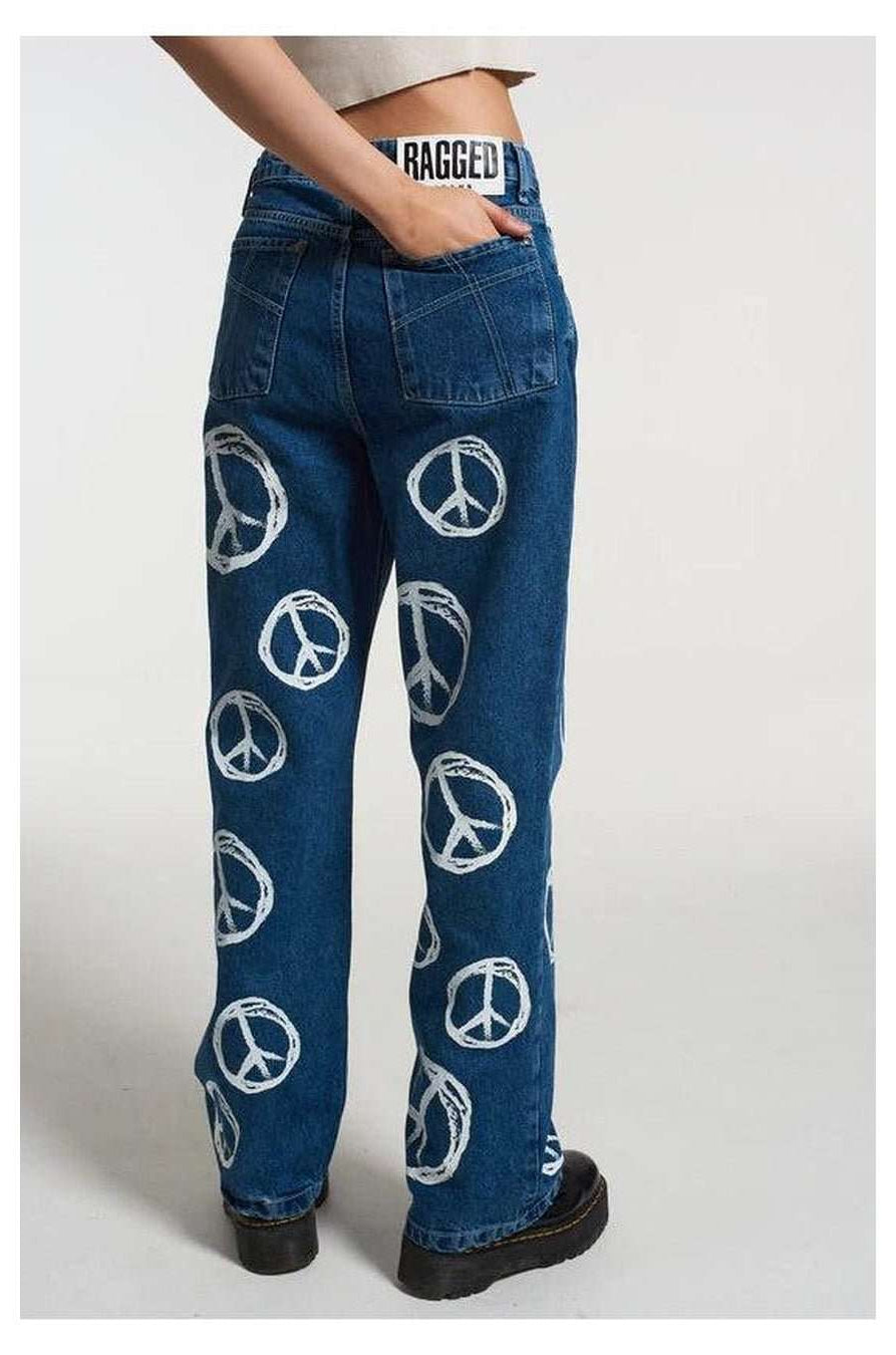 Shop The Ragged Priest The Ragged Priest Peace Printed Dad Jeans as seen on Chloe Sims Boyfriend Jeans for women – premium loungewear and festival fashion at Spoiled Brat