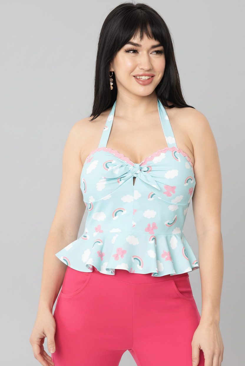 Shop Unique Vintage Unique Vintage Aqua & Rainbow Print Peplum Halter Top Top for women – premium loungewear and festival fashion at Spoiled Brat