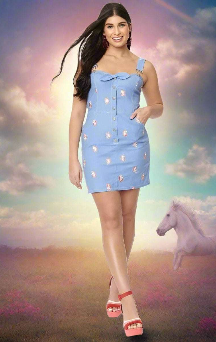 Shop Unique Vintage Unique Vintage Periwinkle Denim & Unicorn Fitted Pinafore Dress for women – premium loungewear and festival fashion at Spoiled Brat