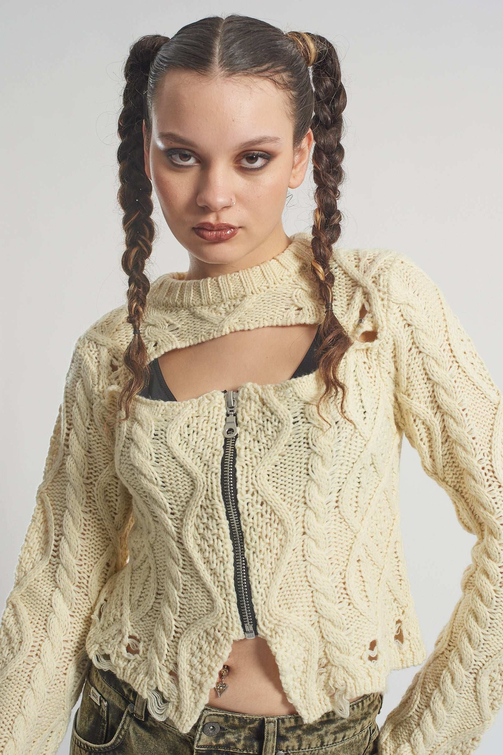 The Ragged Priest Saint Zip Cable Knit Jumper Knit Jumper by The Ragged Priest as seen on celebrities