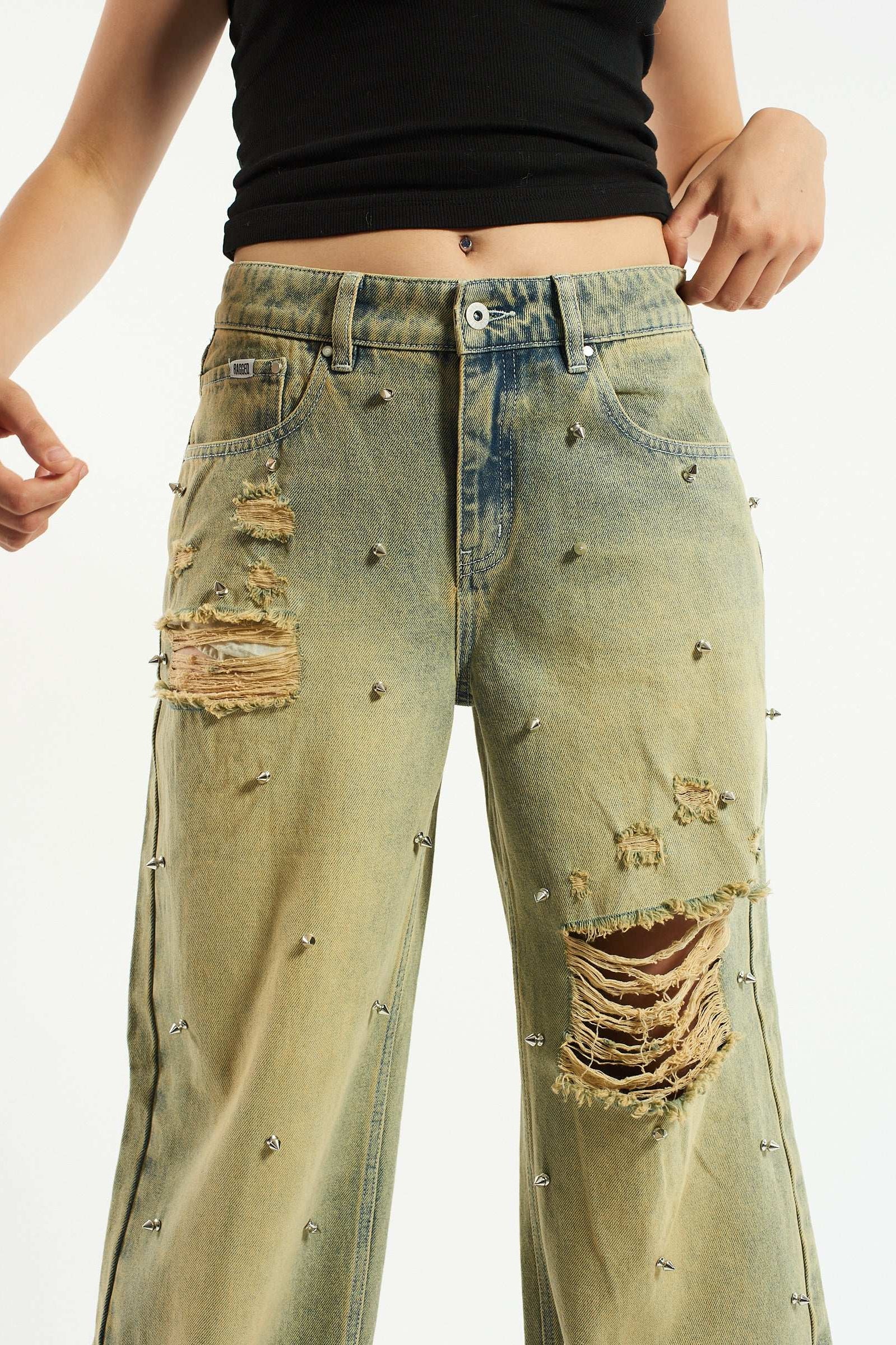 The Ragged Priest Dirty Wash Distressed Release Stud Jeans Boyfriend Jeans by The Ragged Priest as seen on celebrities