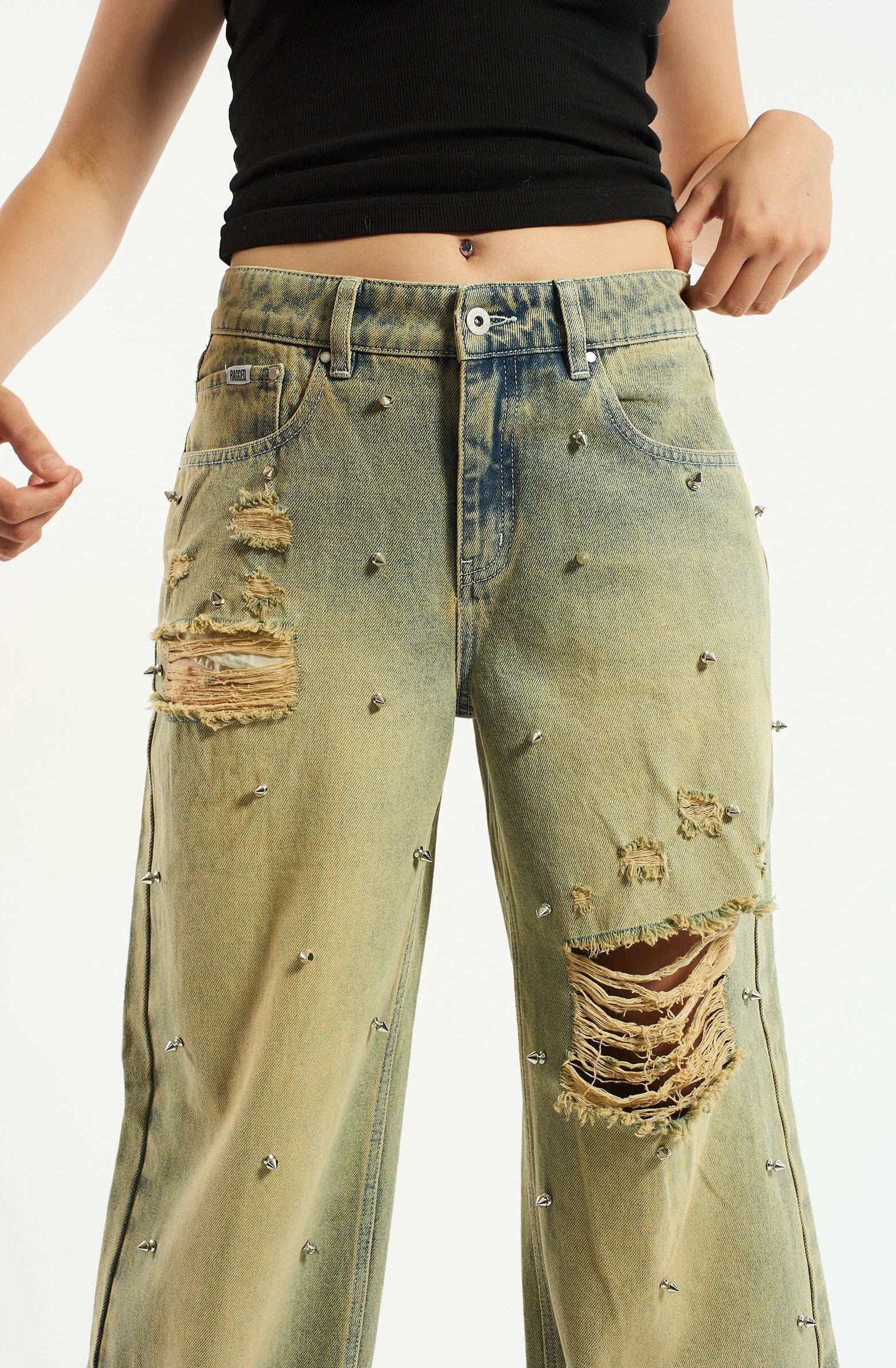 The Ragged Priest Dirty Wash Distressed Release Stud Jeans Boyfriend Jeans by The Ragged Priest as seen on celebrities