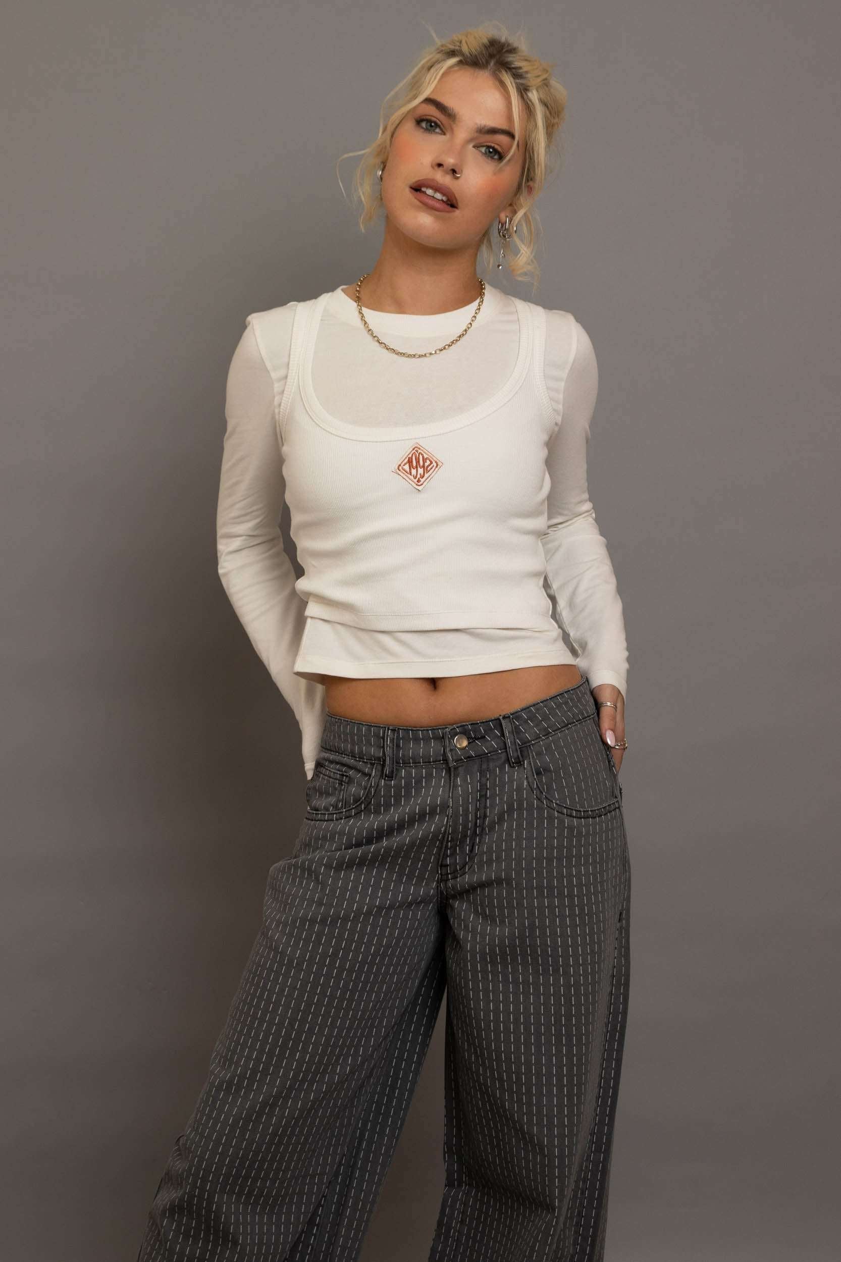 Daisy Street Double Layered Top with Embroidery Long Sleeved Top by Daisy Street as seen on celebrities