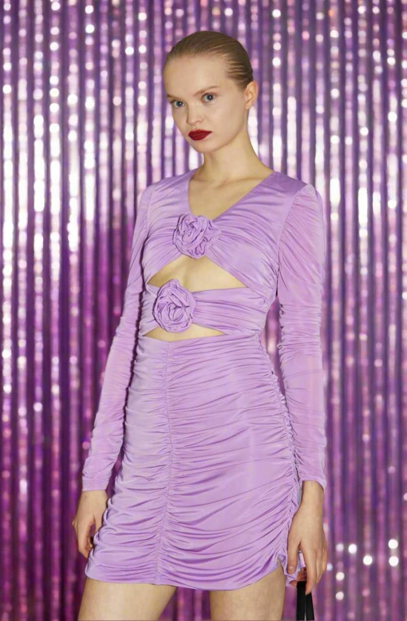 Glamorous Lilac-Orchid Rose-Applique Ruched Mini-Dress Evening Dress by Glamorous as seen on celebrities