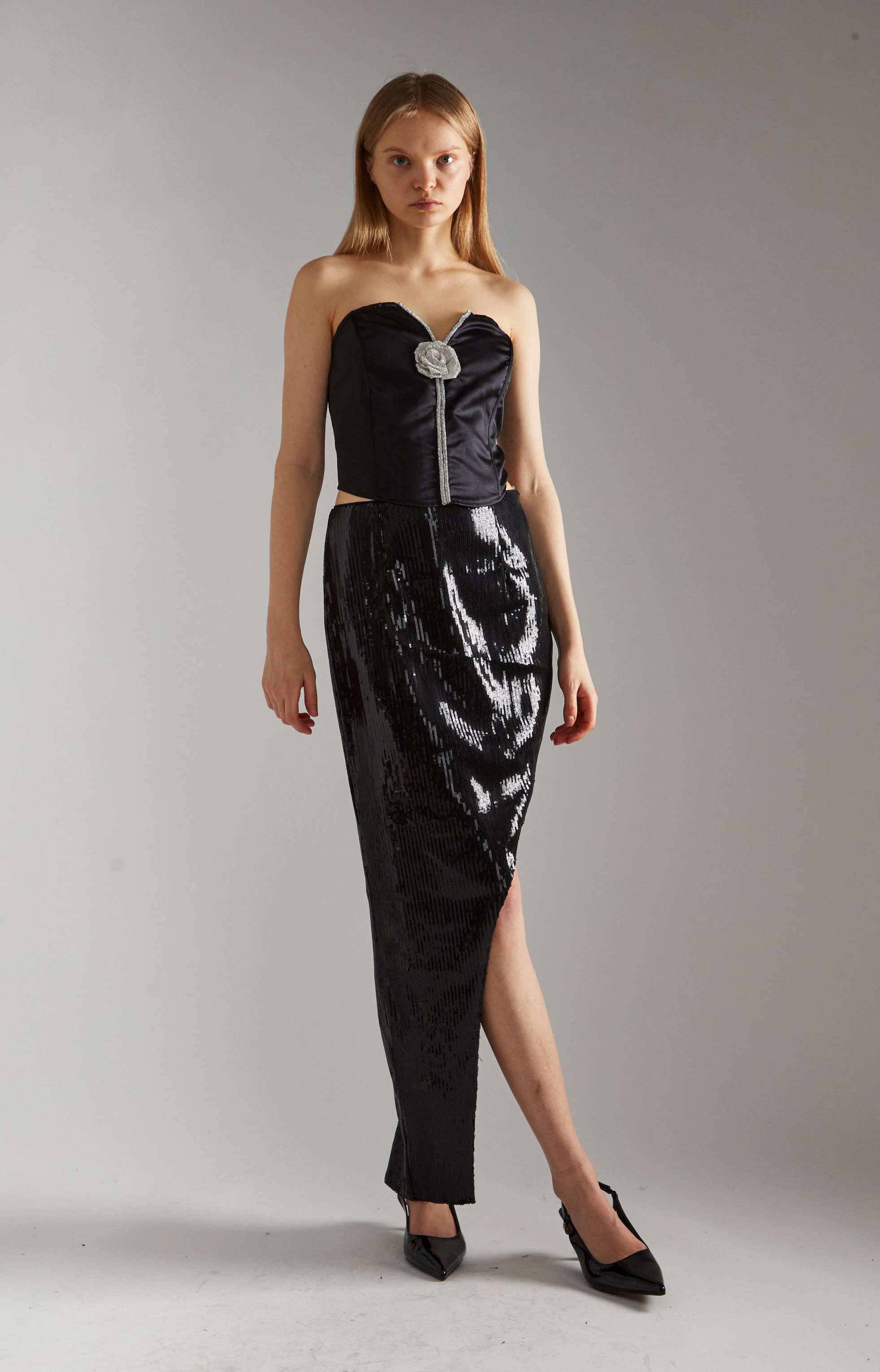 Glamorous Black-Satin Rhinestone-Flower Strapless Top Corset by Glamorous as seen on celebrities