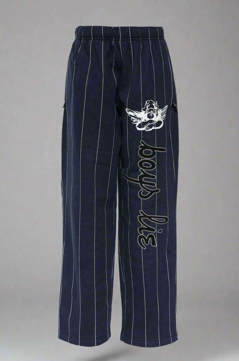 Navy pinstripe pants by Boys Lie with white text and logo on a white background