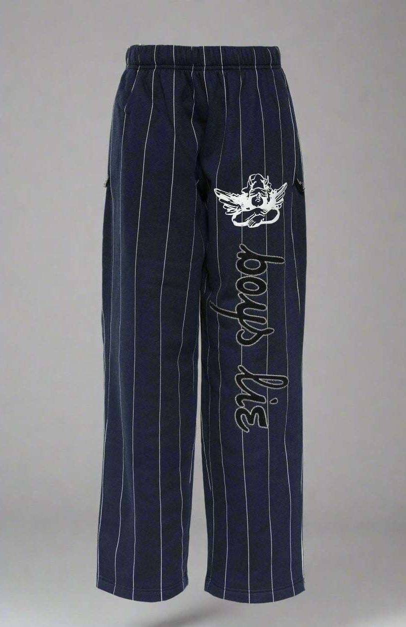 Navy pinstripe pants by Boys Lie with white text and logo on a white background