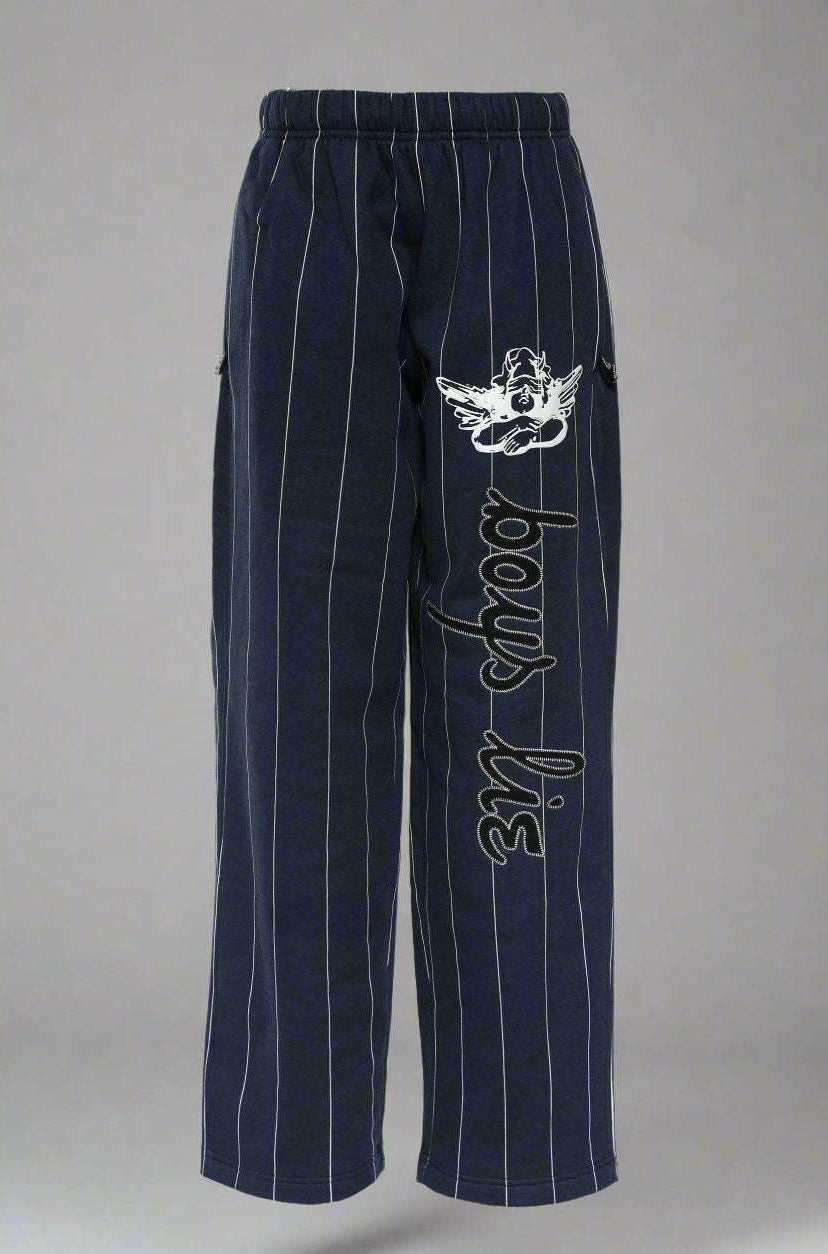 Navy pinstripe pants by Boys Lie with white text and logo on a white background