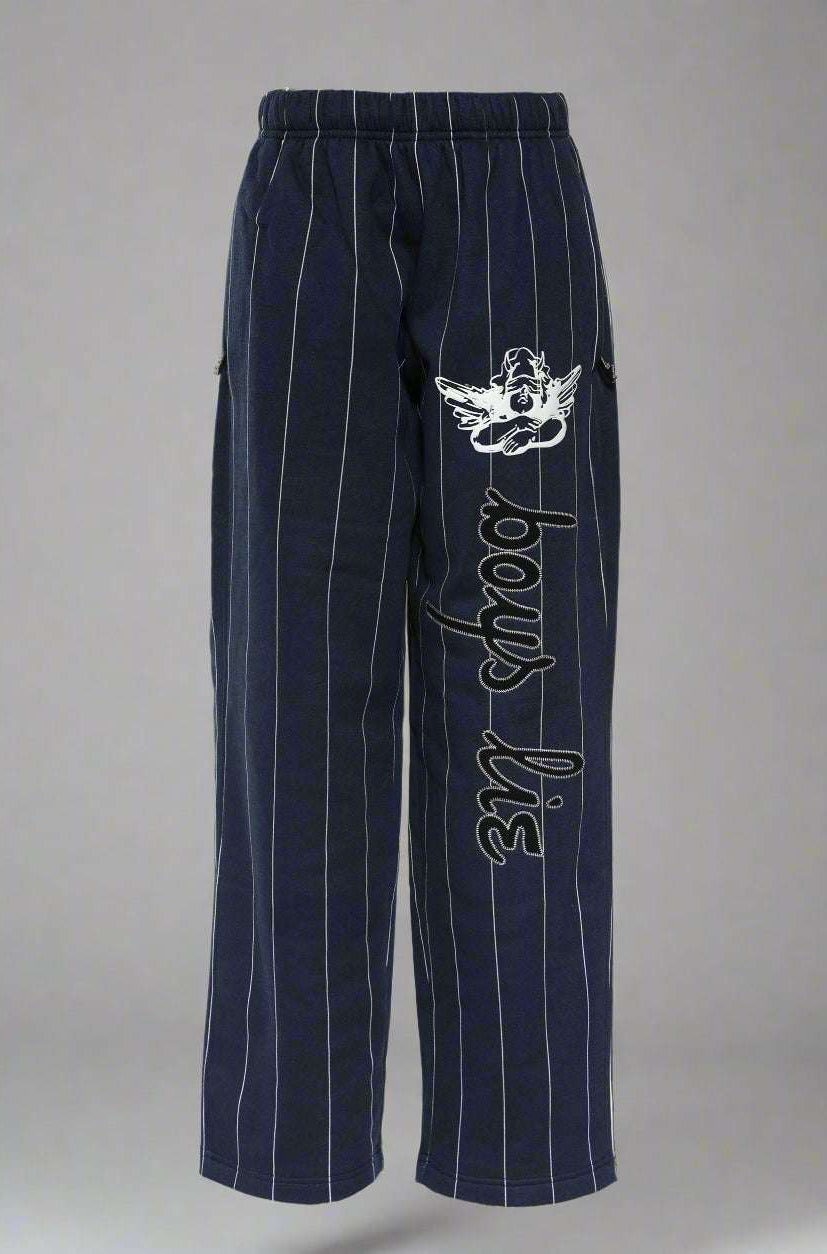 Navy pinstripe pants by Boys Lie with white text and logo on a white background
