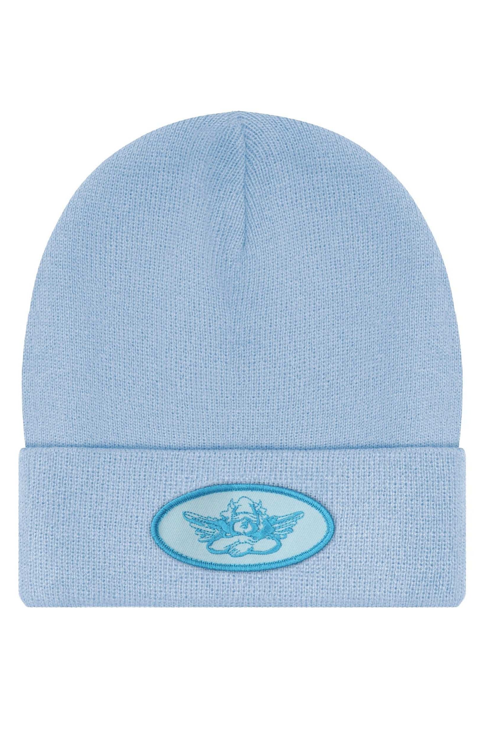 Light blue beanie with a logo on a white background