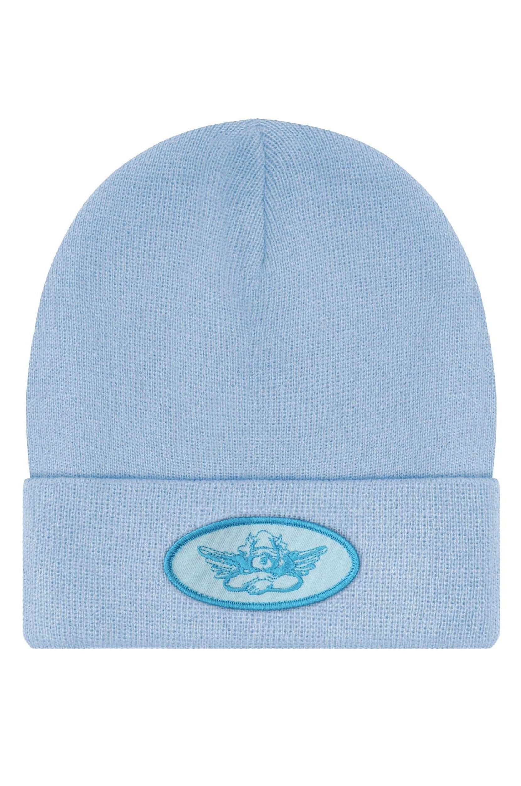 Light blue beanie with a logo on a white background