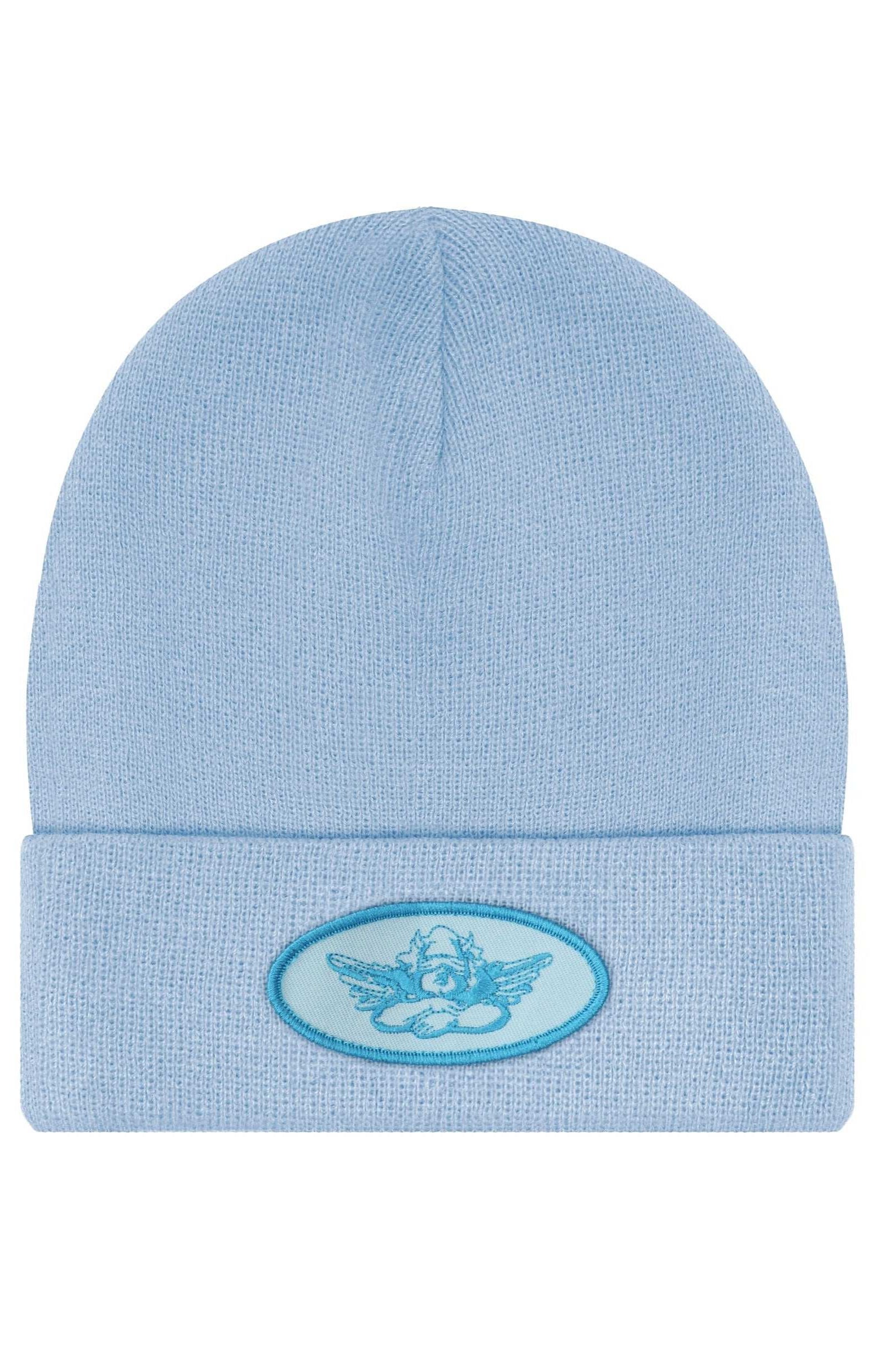 Light blue beanie with a logo on a white background