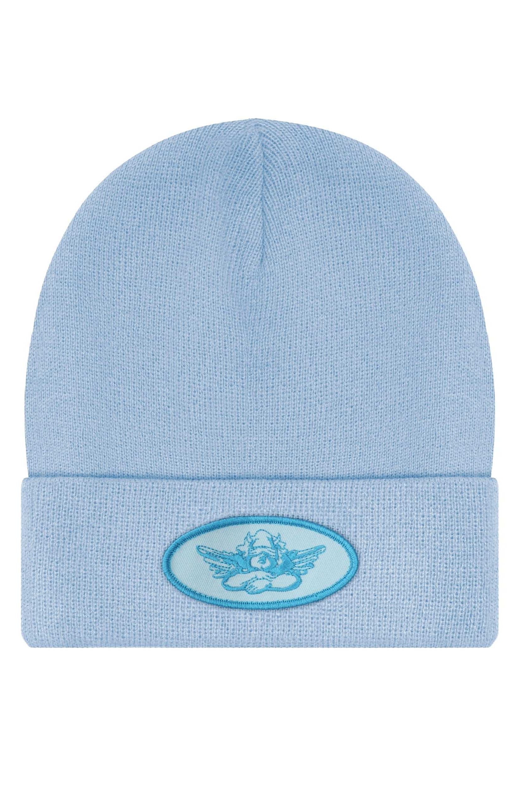 Light blue beanie with a logo on a white background