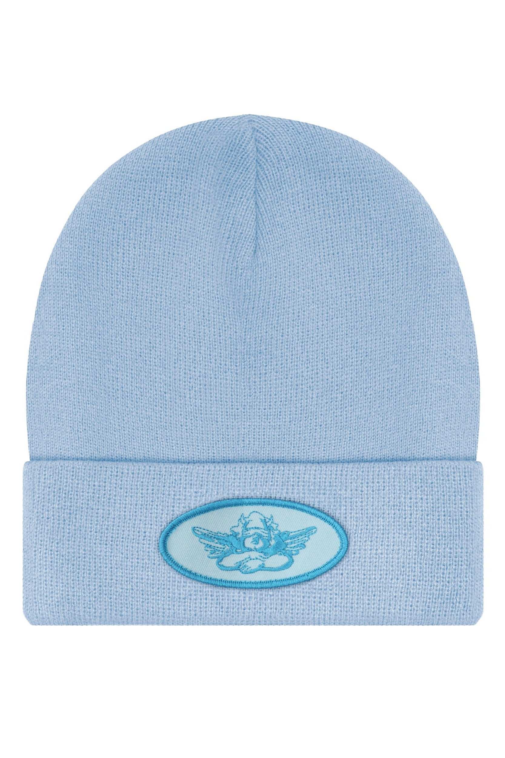 Light blue beanie with a logo on a white background