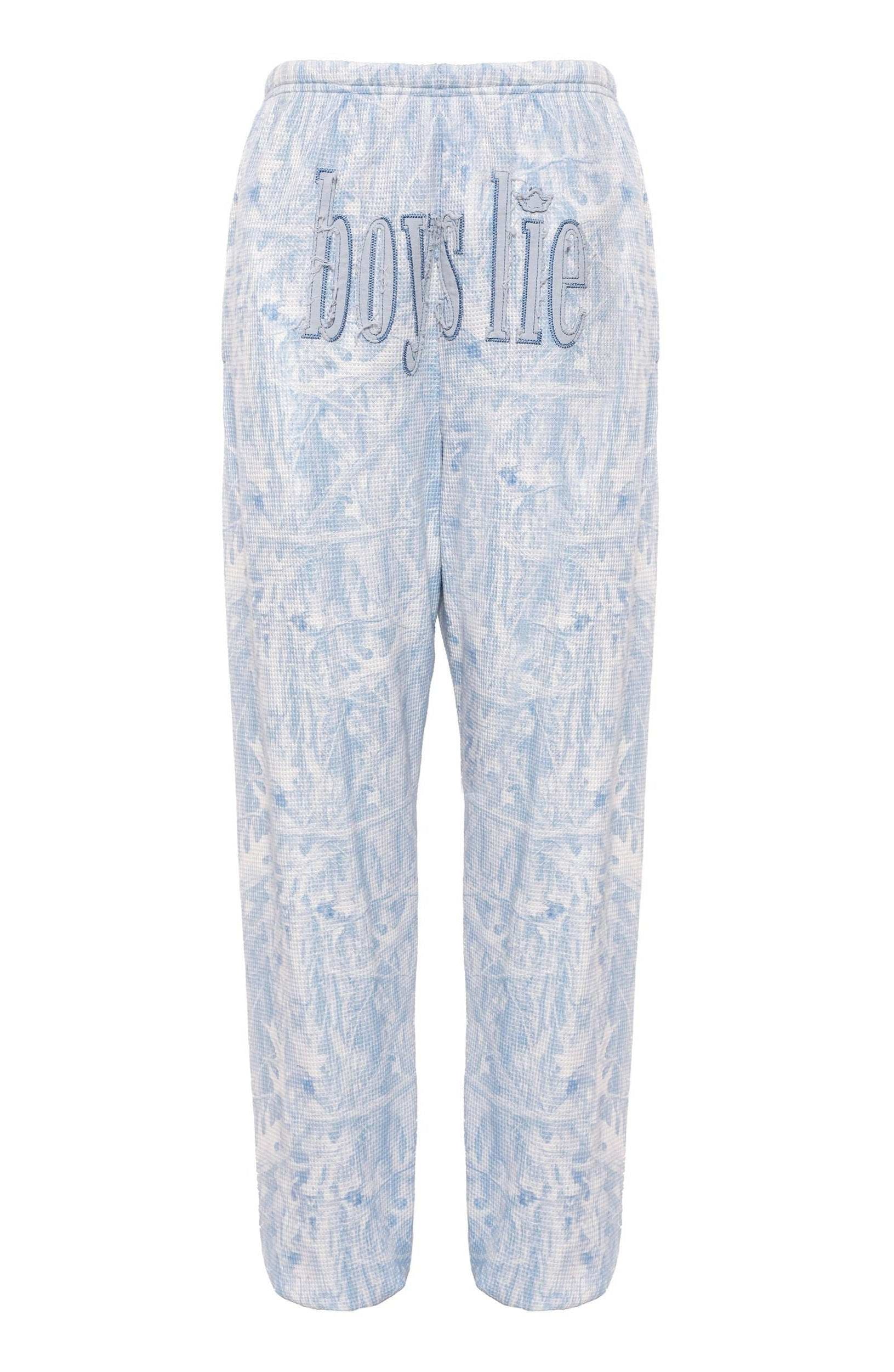 Light blue tie-dye pants with 'Boys Lie' text on a white background