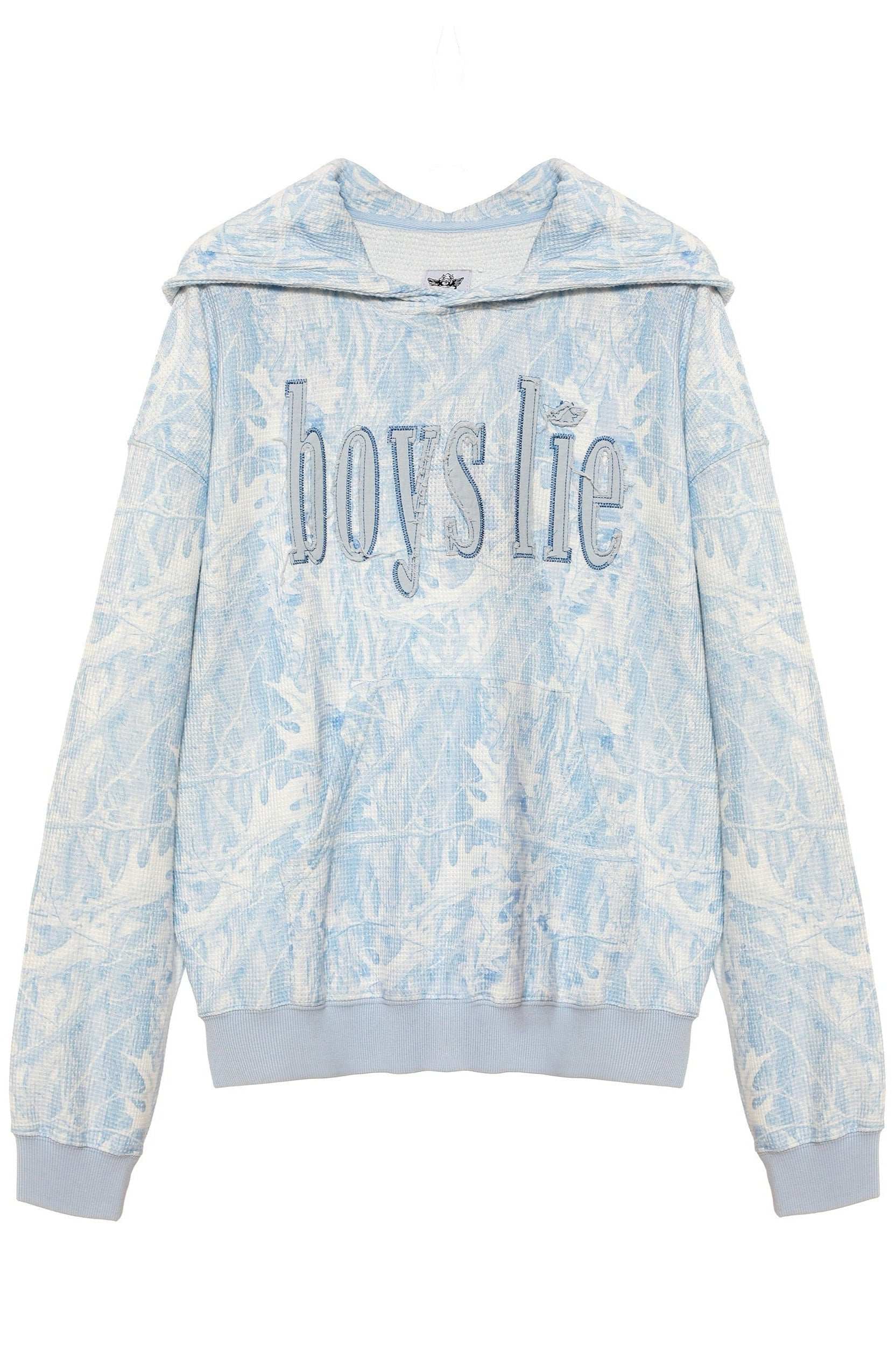 Tie-dye hoodie with 'boys lie' text on a white background
