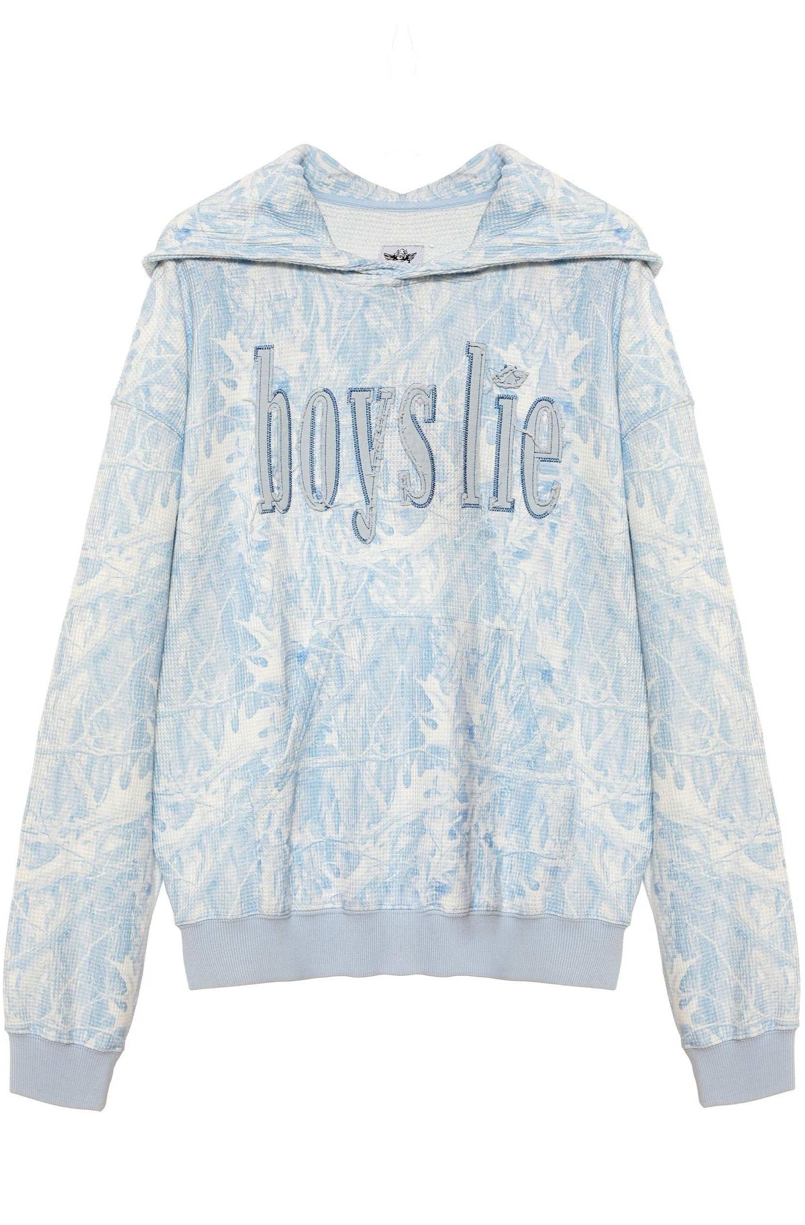 Tie-dye hoodie with 'boys lie' text on a white background
