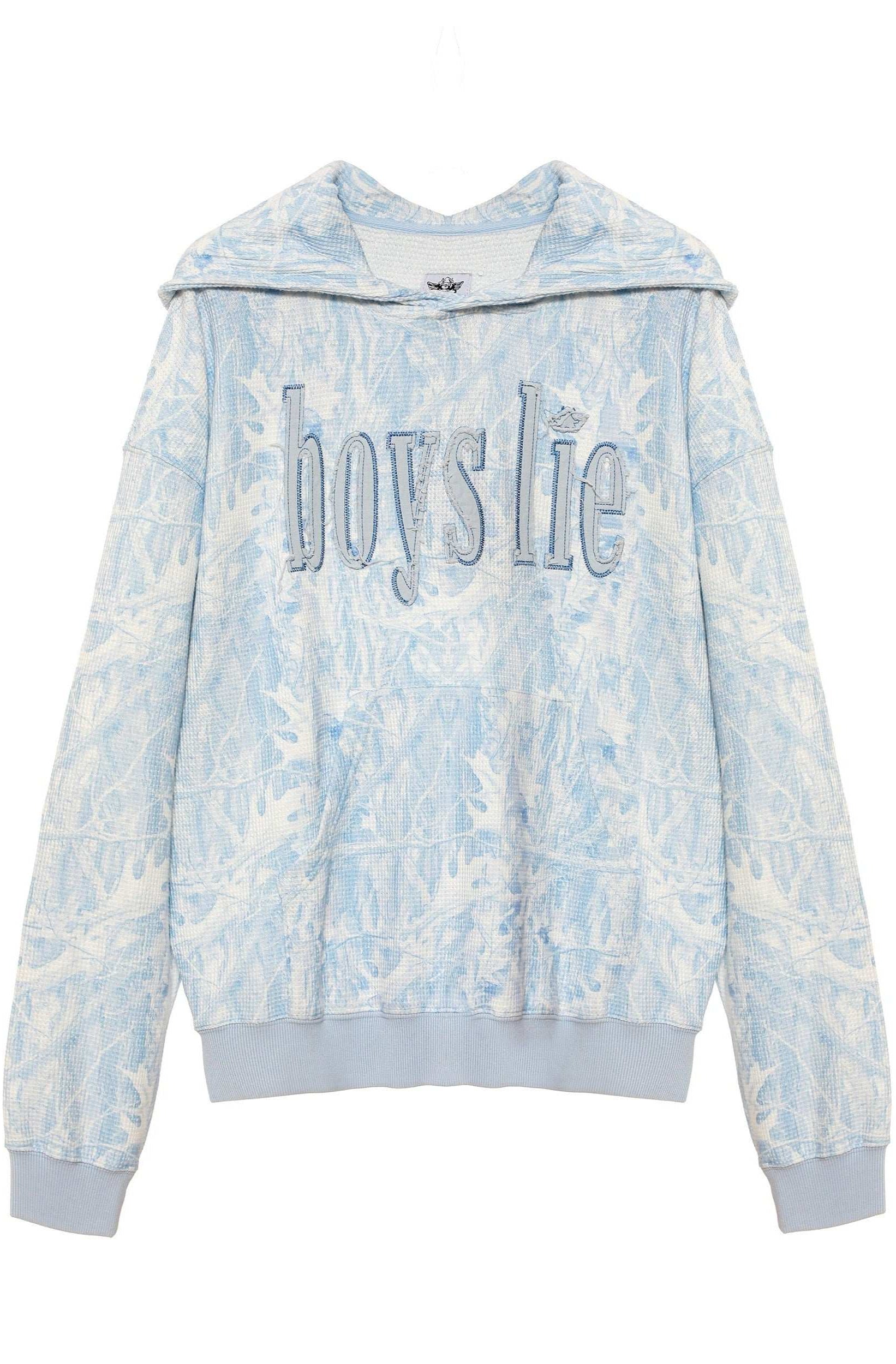 Tie-dye hoodie with 'boys lie' text on a white background