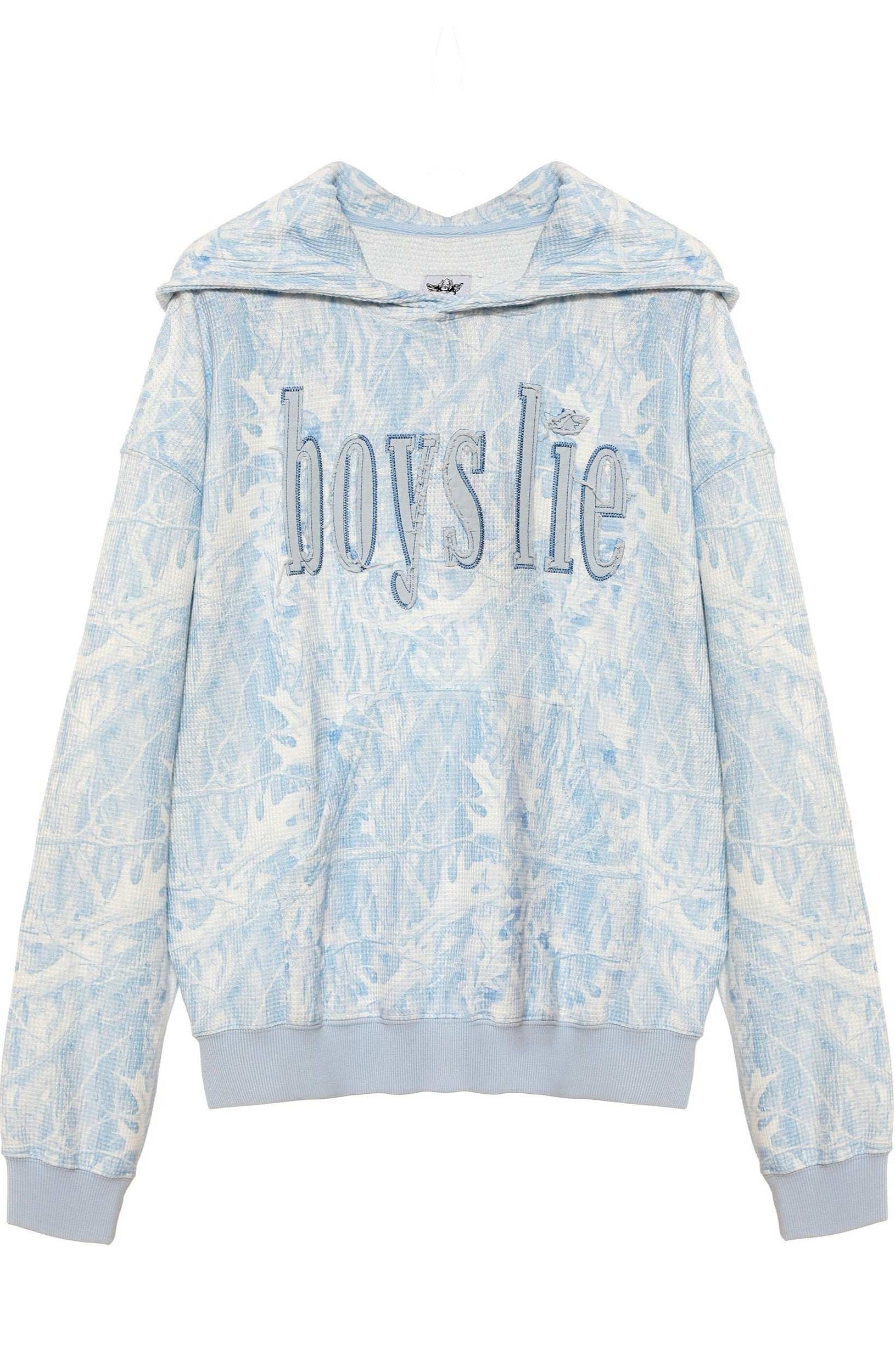 Tie-dye hoodie with 'boys lie' text on a white background