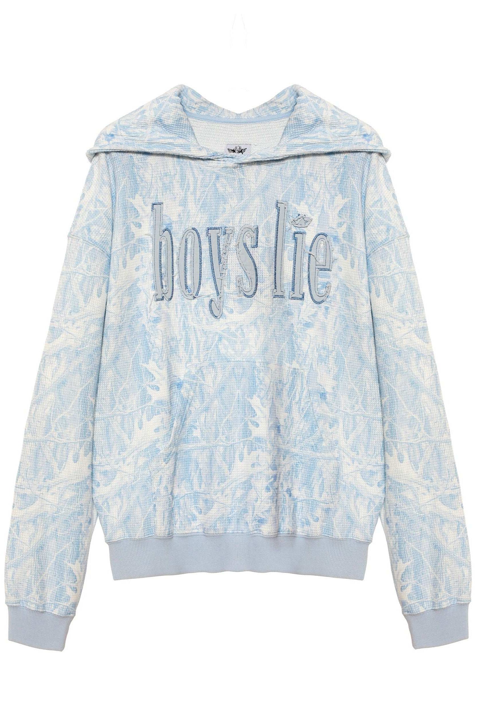 Tie-dye hoodie with 'boys lie' text on a white background
