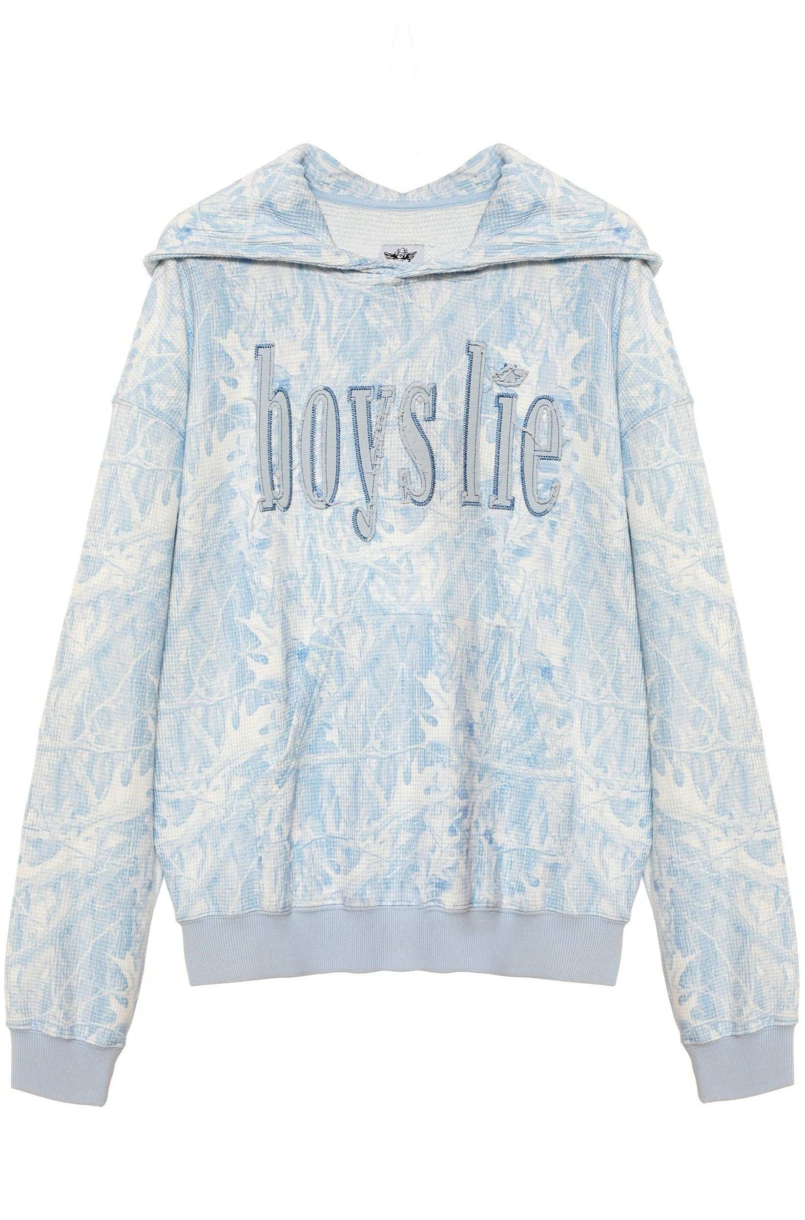 Tie-dye hoodie with 'boys lie' text on a white background