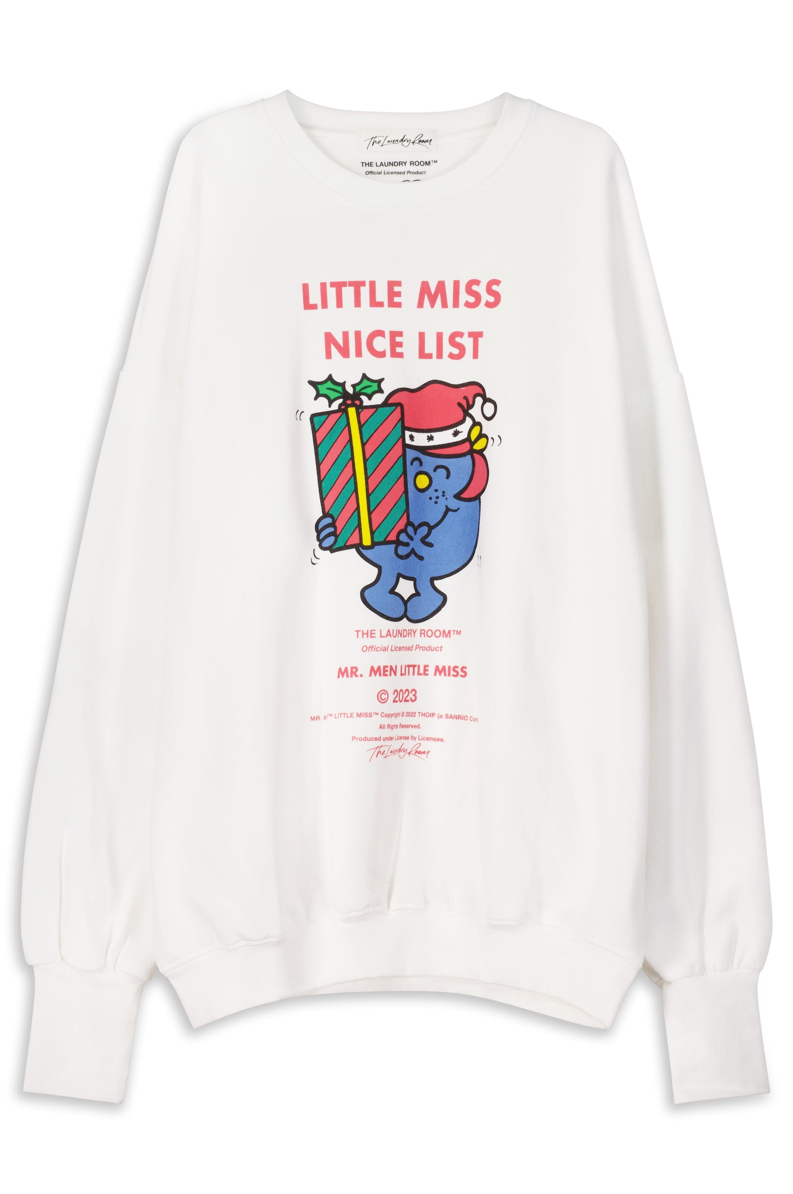 White sweatshirt with a cartoon character and text on a white background