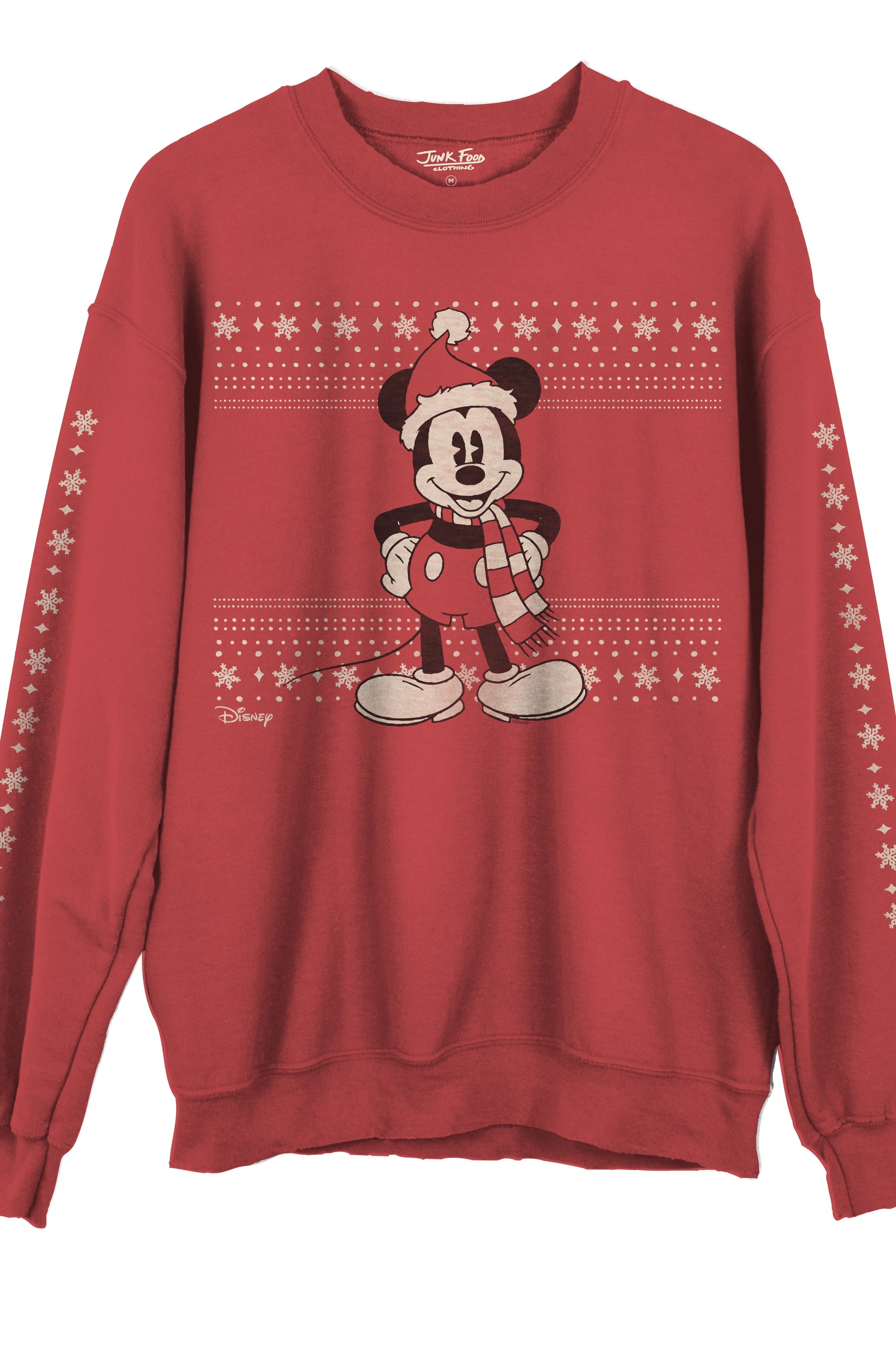 Red sweatshirt with a Christmas-themed design featuring a character on a white background