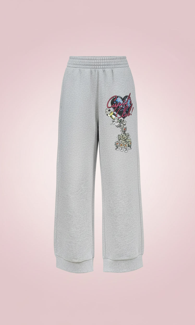 Gray sweatpants with colorful heart and deer design on a white background