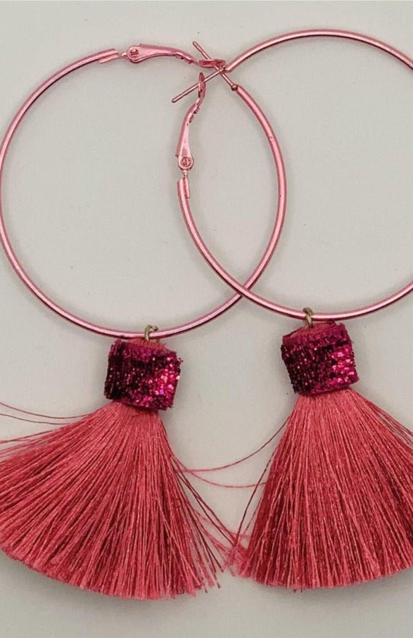 Suzywan DELUXE Fuchsia Tassel Hoop Earrings Earrings by Suzywan DELUXE as seen on celebrities