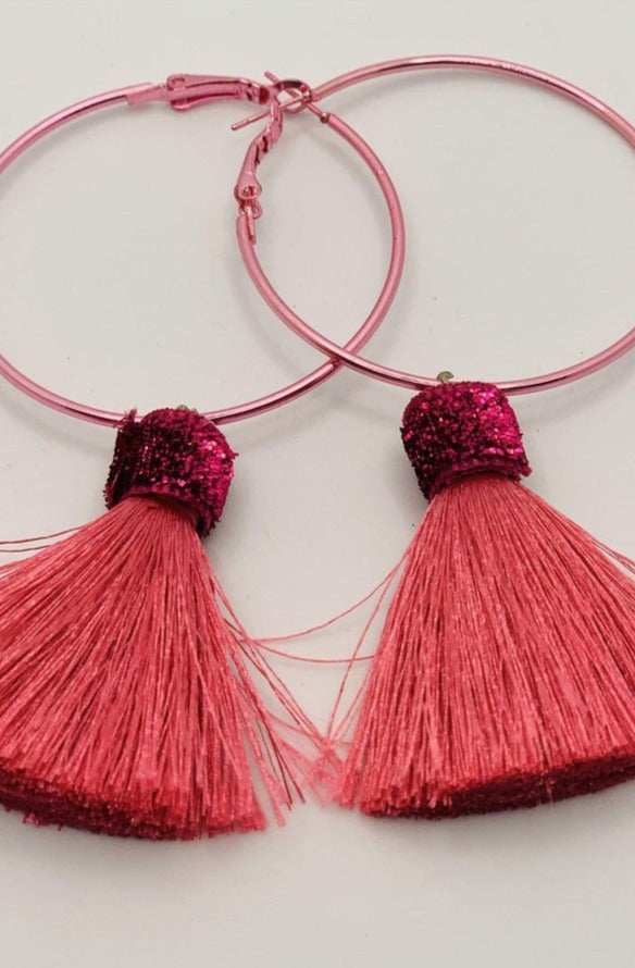 Suzywan DELUXE Fuchsia Tassel Hoop Earrings Earrings by Suzywan DELUXE as seen on celebrities