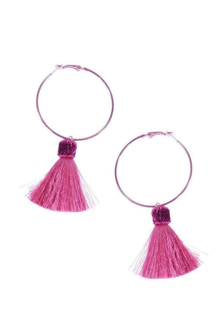 Suzywan DELUXE Fuchsia Tassel Hoop Earrings Earrings by Suzywan DELUXE as seen on celebrities