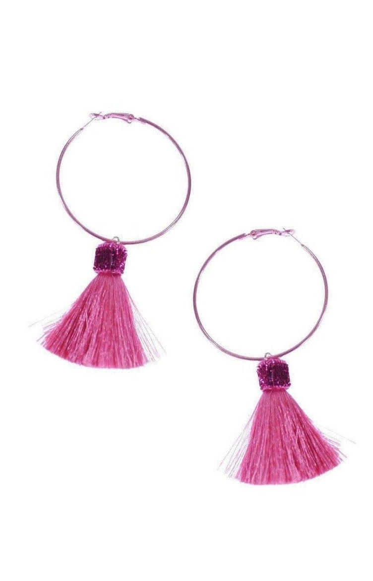 Suzywan DELUXE Fuchsia Tassel Hoop Earrings Earrings by Suzywan DELUXE as seen on celebrities