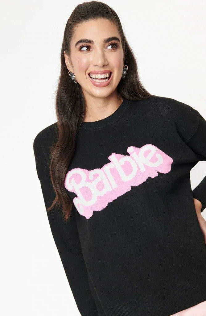 Shop Unique Vintage Barbie x Unique Vintage Black Barbie Logo Sweater Sweatshirt for women – premium loungewear and festival fashion at Spoiled Brat