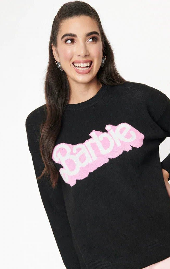 Shop Unique Vintage Barbie x Unique Vintage Black Barbie Logo Sweater Sweatshirt for women – premium loungewear and festival fashion at Spoiled Brat