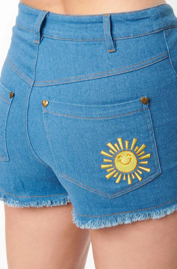 Shop Unique Vintage Care Bears x Unique Vintage Funshine Denim Shorts Shorts for women – premium loungewear and festival fashion at Spoiled Brat