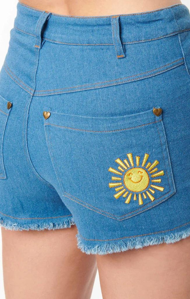 Shop Unique Vintage Care Bears x Unique Vintage Funshine Denim Shorts Shorts for women – premium loungewear and festival fashion at Spoiled Brat