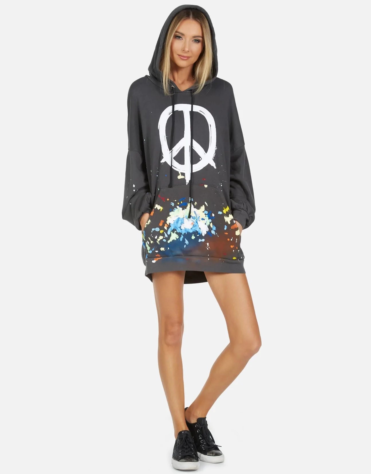 Shop Lauren Moshi Lauren Moshi Desiree Brush Peace Hoodie Dress Hooded Sweatshirt for women – premium loungewear and festival fashion at Spoiled Brat