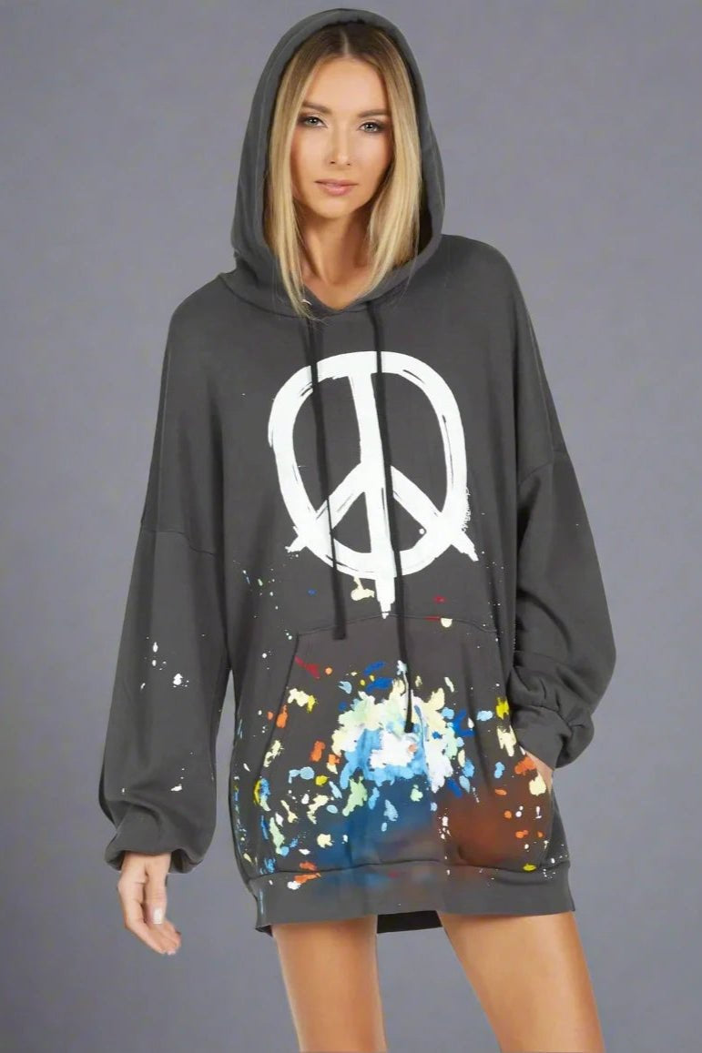 Shop Lauren Moshi Lauren Moshi Desiree Brush Peace Hoodie Dress Hooded Sweatshirt for women – premium loungewear and festival fashion at Spoiled Brat