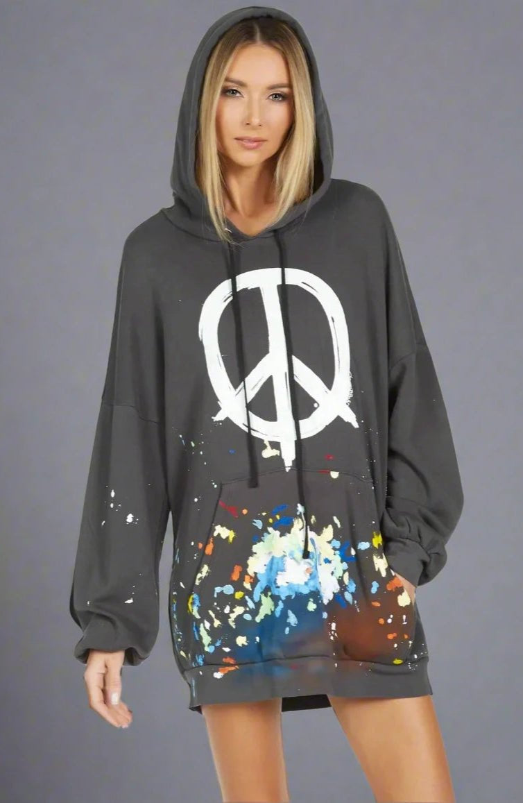 Shop Lauren Moshi Lauren Moshi Desiree Brush Peace Hoodie Dress Hooded Sweatshirt for women – premium loungewear and festival fashion at Spoiled Brat