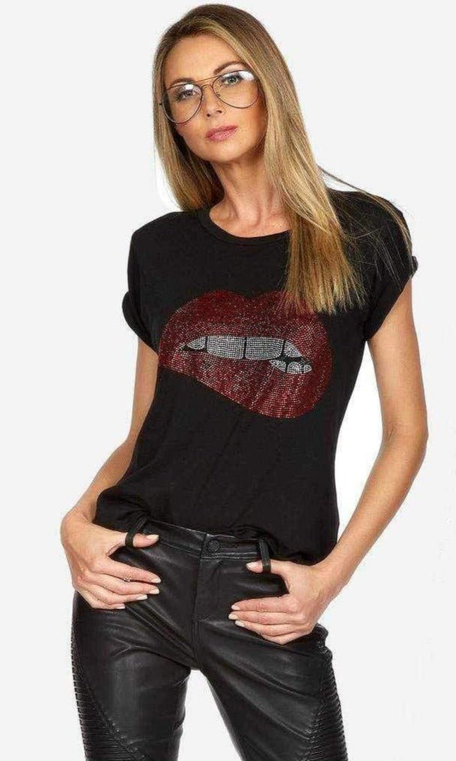 Shop Lauren Moshi Lauren Moshi Edda Crystal Biting Lip T-Shirt T-Shirt for women – premium loungewear and festival fashion at Spoiled Brat