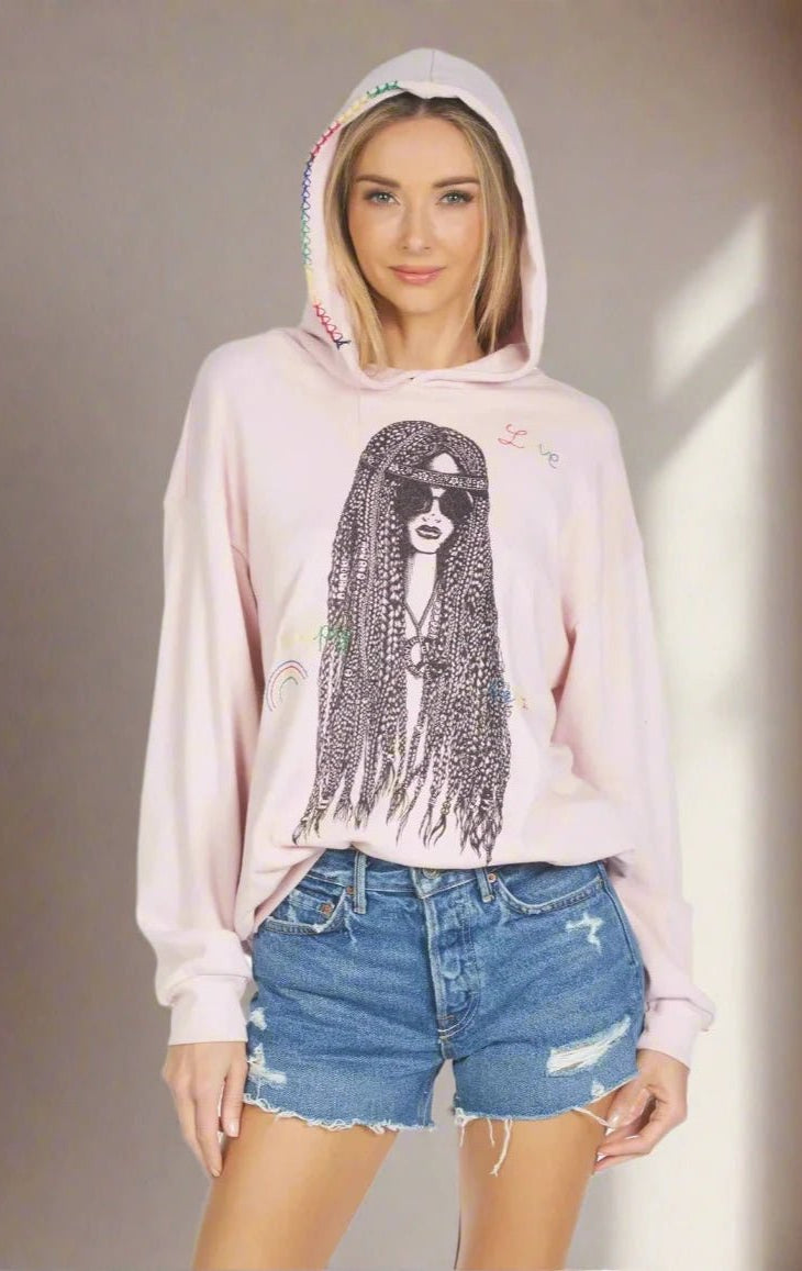 Shop Lauren Moshi Lauren Moshi Harmony Hippie Girl Hooded Sweater Sweatshirt for women – premium loungewear and festival fashion at Spoiled Brat