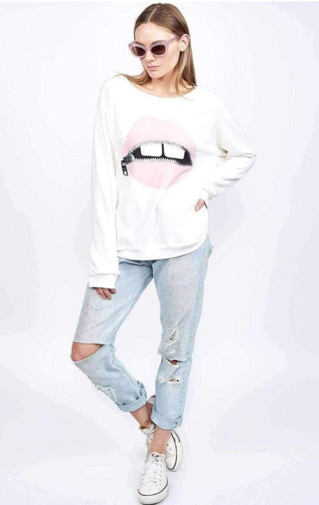 Shop Lauren Moshi Lauren Moshi Noleta Zipper Mouth Sweatshirt Sweater for women – premium loungewear and festival fashion at Spoiled Brat