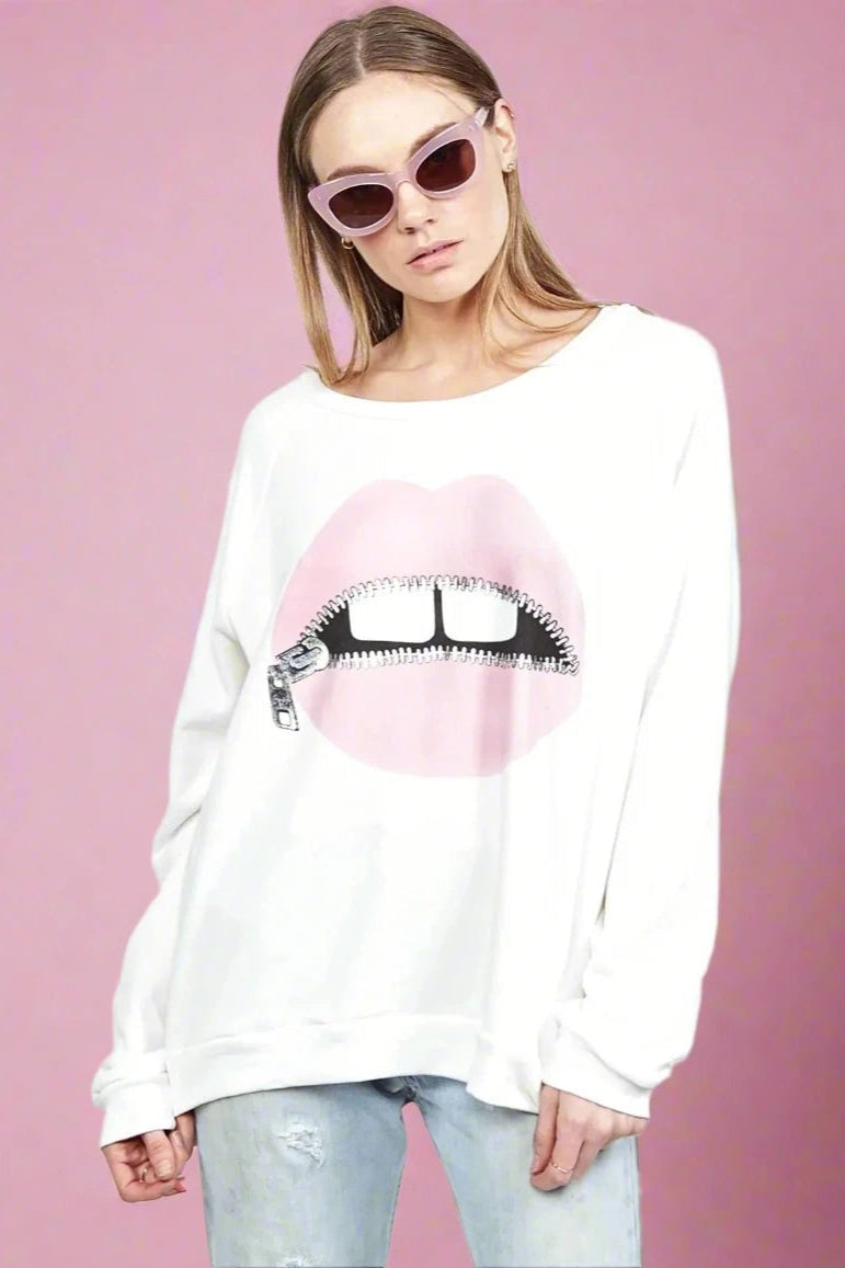 Shop Lauren Moshi Lauren Moshi Noleta Zipper Mouth Sweatshirt Sweater for women – premium loungewear and festival fashion at Spoiled Brat