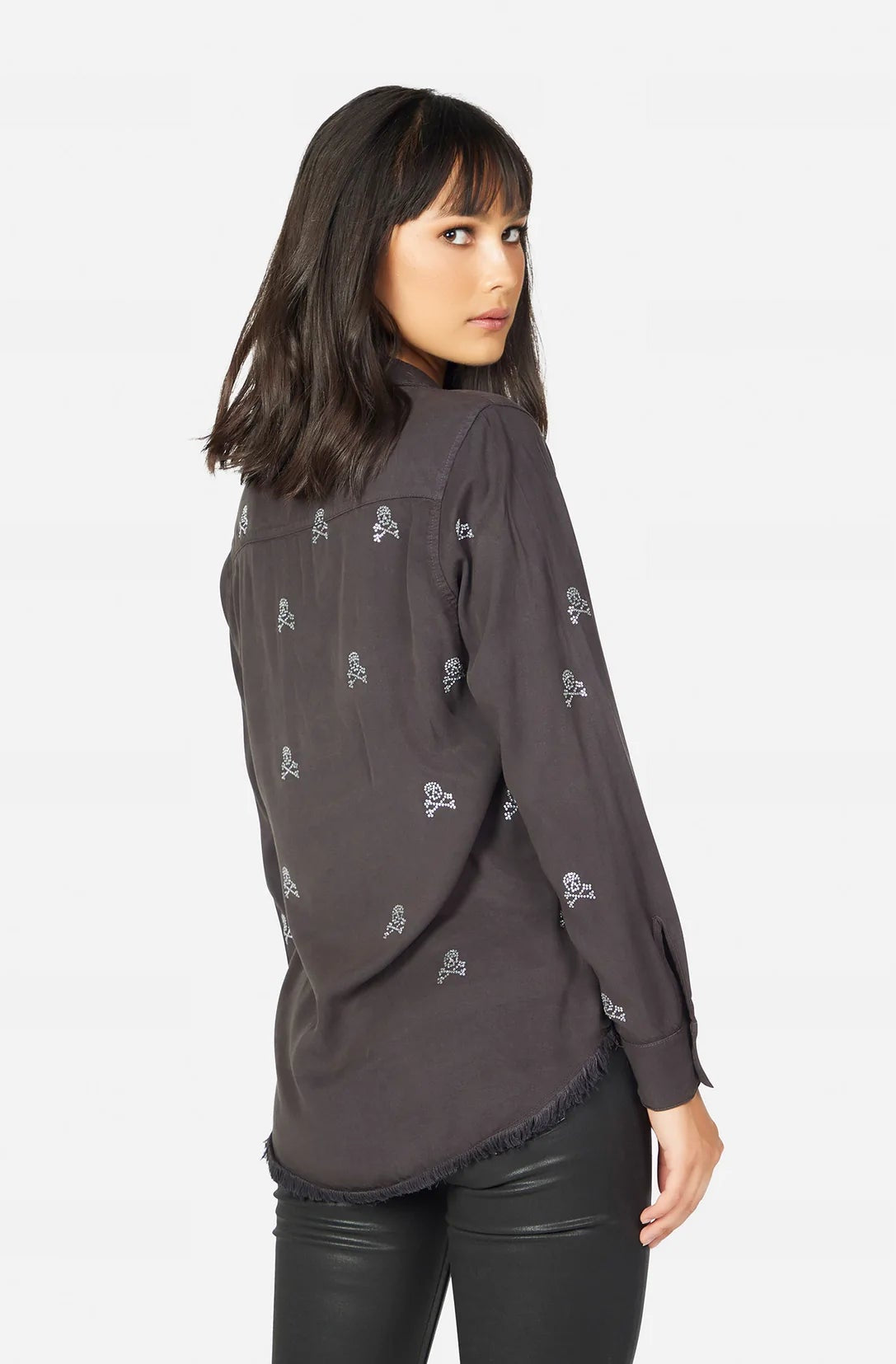 Shop Lauren Moshi Lauren Moshi Sloane Mini Crystal Cross Bone Skulls Shirt Denim Shirt for women – premium loungewear and festival fashion at Spoiled Brat